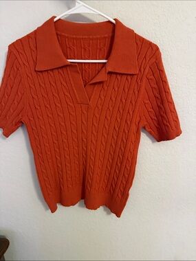 Rust Orange Cable Knit Short Sleeve Polo Sweater